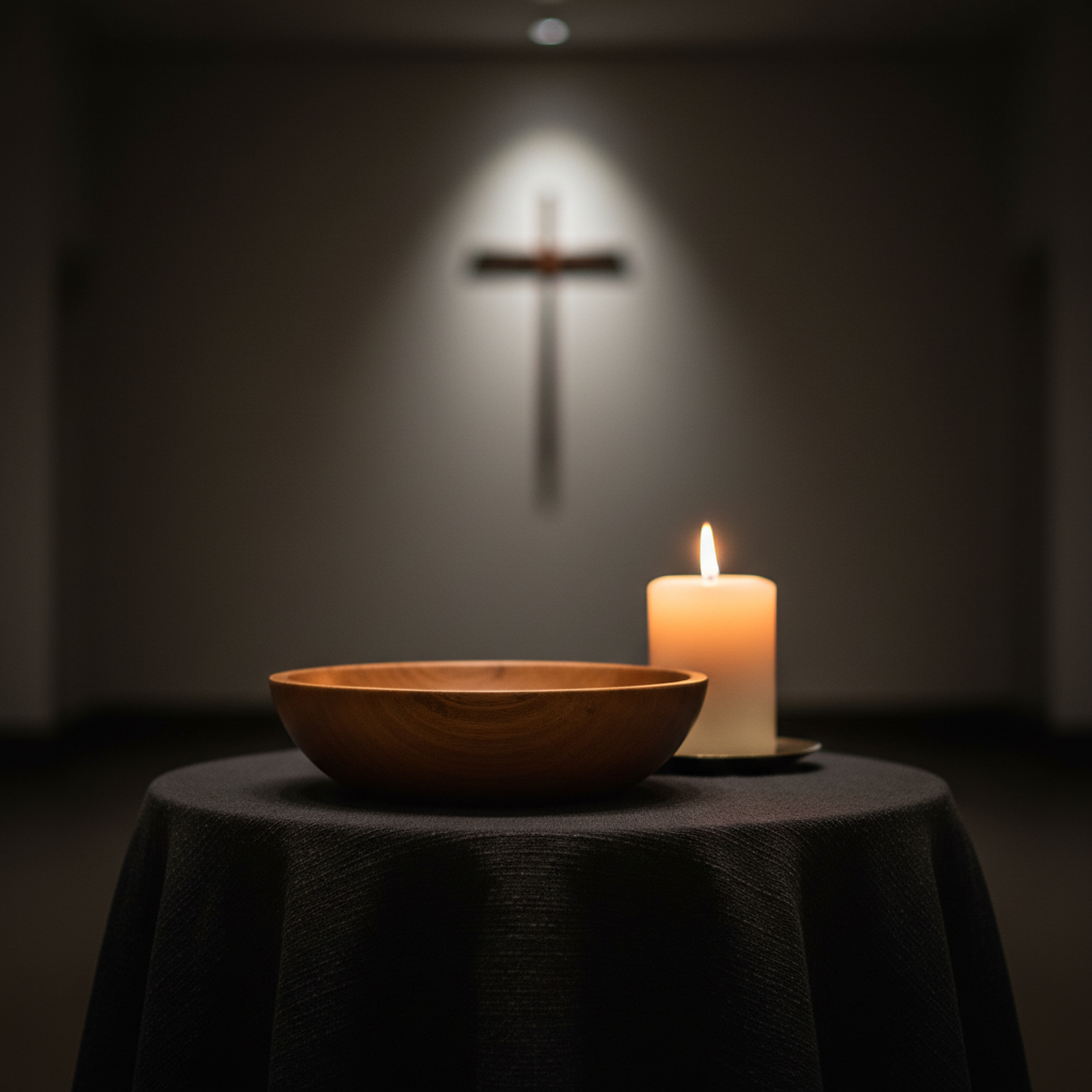 A dimly lit corner of a modern worship space features a small, round table draped with a dark, textured cloth. On it rests a large, empty wooden bowl, its interior smooth and gently worn, symbolizing openness and readiness to receive. Beside the bowl stands a thick pillar candle in a simple metal holder, its flame burning steadily and casting a warm, golden glow that dances on the table and bowl. In the background, slightly blurred, a cross is subtly illuminated by a soft spotlight on a distant wall. Photographic realism, shot at eye level with a shallow depth of field, conveys a bold yet contemplative mood of surrender, reflection, and the quiet power of being heard in recovery.