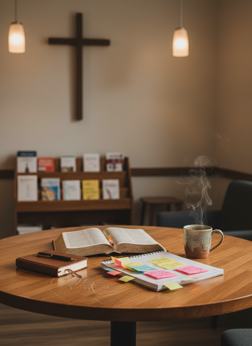 A round wooden table with a slightly scarred but lovingly polished surface sits in the center of a cozy, modern church lounge. On the table rests an open, well-worn Bible with soft, curled pages, a spiral-bound recovery workbook with colorful sticky notes protruding, and a journal with a pen laid across it. Beside them, a small ceramic mug of herbal tea gently steams. The background shows a softly out-of-focus wall-mounted cross and shelving with neatly organized recovery literature. Warm pendant lights overhead cast a soft, focused glow on the tabletop, highlighting the textures of paper and wood. Shot from a slightly elevated angle in photographic realism, the scene feels inviting, grounded, and boldly hopeful, symbolizing shared journeys and supportive conversations.