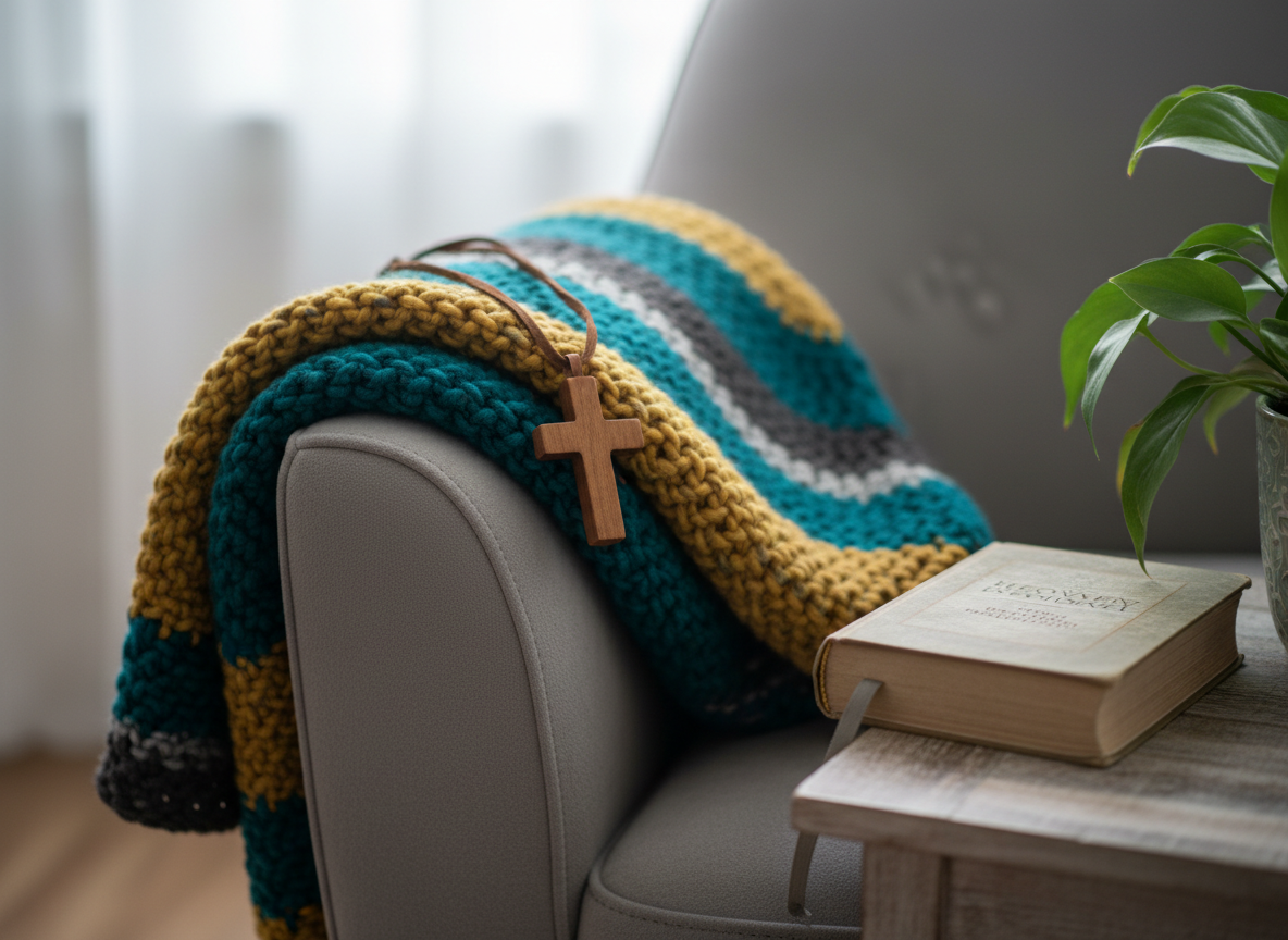 A close-up, photographic realism shot of a simple wooden cross necklace resting on a folded, hand-knit blanket draped over the arm of a soft gray armchair. The blanket is thick and textured, with bold stripes of deep teal, mustard yellow, and charcoal, conveying warmth and care. Nearby on a small side table sits a gently used recovery devotional with a cracked spine and a bookmark peeking out, next to a small potted plant with vibrant green leaves. Diffused, overcast window light softly illuminates the scene, creating delicate shadows in the folds of the blanket. Shot with a shallow depth of field from a slightly angled perspective, the composition feels intimate, bold in its simplicity, and deeply comforting, embodying the idea of being held and supported in recovery.