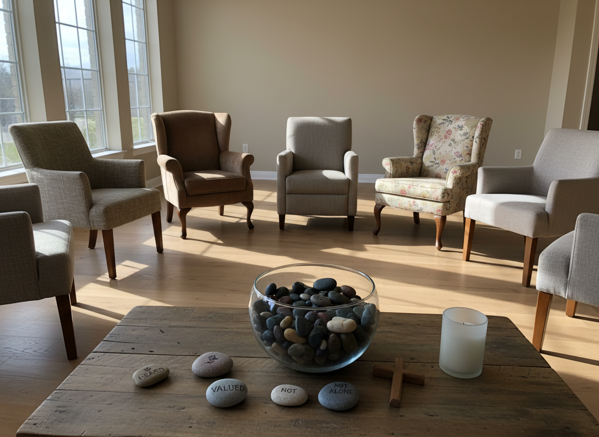 A circle of mismatched but comfortable chairs is arranged in a welcoming, sunlit room with neutral walls and a simple wooden floor. In the center of the circle sits a low, rustic coffee table holding a large glass bowl filled with smooth, colorful affirmation stones etched with words like “Heard,” “Valued,” and “Not Alone.” Next to the bowl lies a small wooden cross and a modest candle in a frosted holder, unlit but ready. Soft morning light filters through tall windows, creating gentle, overlapping shadows from the chairs and a sense of open space. Captured at eye level with moderate depth of field in photographic realism, the composition emphasizes the empty, waiting chairs as a bold invitation to community, safety, and shared recovery.