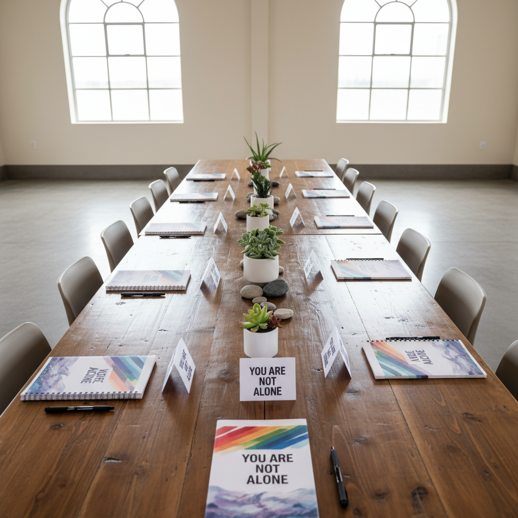 An overhead photographic realism shot of a long, reclaimed-wood table set up for a recovery workshop in a bright, multipurpose church room. The tabletop displays neatly arranged materials at each place: a colorful recovery workbook, a blank notebook, a pen, and a small card printed with the phrase “You Are Not Alone” in bold, modern typography. In the center of the table runs a line of small, potted succulents in simple white planters, adding life and calm. Large windows nearby flood the room with crisp, natural daylight, creating soft reflections on the table’s surface. The composition emphasizes symmetry and clarity, with sharp focus throughout, evoking an organized, empowering, and welcoming environment that invites participation and learning.