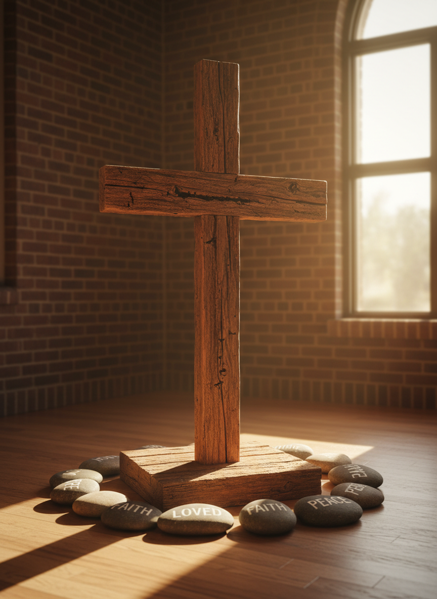 A sturdy wooden cross fashioned from weathered barn wood stands upright on a simple platform, its grain rich with deep browns and subtle cracks that suggest endurance. Surrounding the base are small river stones arranged in a circle, each engraved with bold words like “Hope,” “Courage,” and “Loved.” The scene is set in a warmly lit sanctuary corner with a brick accent wall and a single large window off to the side. Late afternoon sunlight pours in, casting dramatic, elongated shadows and creating a golden halo around the cross. Photographic realism, eye-level composition, with a shallow depth of field that softly blurs the background, emphasizing a bold yet comforting atmosphere of refuge and strength.