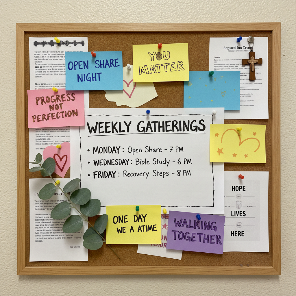 A detailed, close-up photographic realism image of a cork bulletin board in a church hallway, filled with colorful, handwritten recovery-focused notes and event flyers. There are small cards with phrases like “Open Share Night,” “You Matter,” and “Walking Together,” pinned alongside a simple printed schedule of weekly gatherings. A small wooden cross charm dangles from a pushpin at the top corner, and a single green sprig of eucalyptus is tucked under a thumbtack, adding a touch of life and hope. Overhead fluorescent lights create even, diffused illumination, with soft shadows from the paper edges giving depth. Shot straight on with sharp focus, the mood is energetic yet grounded, boldly highlighting the many ways to connect and find support.