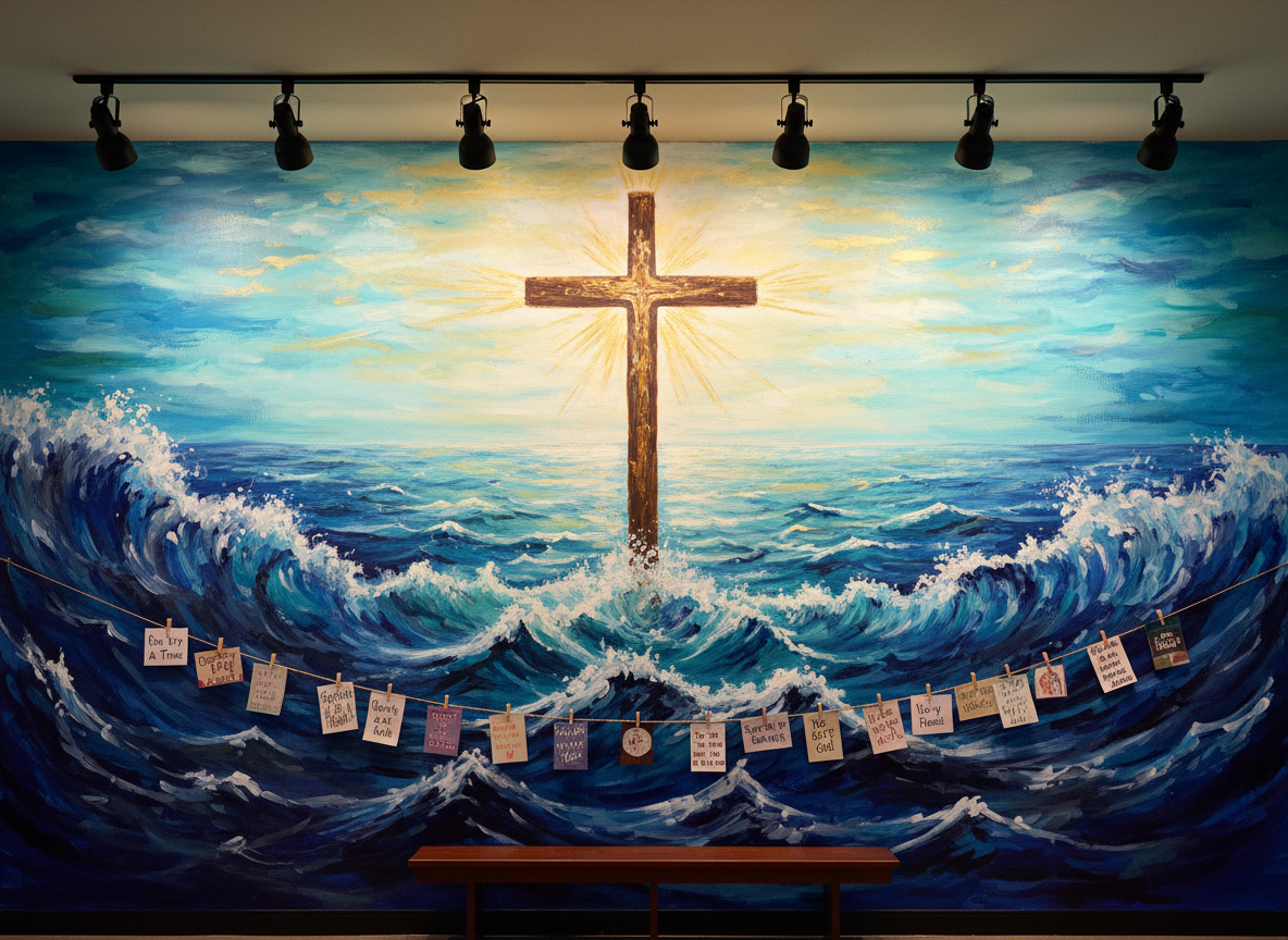 A large, hand-painted mural on an interior church wall depicts a powerful abstract image of a stormy sea calming around a sturdy, radiant cross rising from the water. Deep blues and dark grays swirl dynamically at the bottom, transitioning into brighter turquoise and soft gold near the cross. At the base of the mural, a narrow wooden bench holds a row of small, handwritten recovery affirmation cards clipped to a twine string. Track lighting mounted above throws strong, directional light onto the mural, intensifying its colors and creating subtle shadows that emphasize brushstrokes. Photographic realism capturing the wall straight on, with a sense of bold movement and emerging peace, symbolizing chaos giving way to stability through a supportive, faith-rooted recovery community.