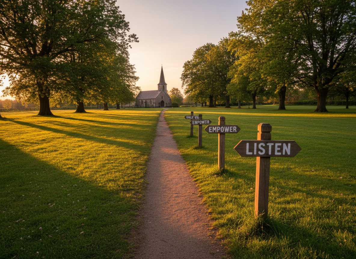 A narrow, well-trodden dirt path winds through a lush green park, leading toward a distant church building with a simple steeple silhouetted against a soft, glowing sky. Along the path, small wooden signposts stand at intervals, each painted with a single powerful word in bold white letters: “Listen,” “Walk With,” “Empower,” “Love.” Early evening golden hour light bathes the scene, creating long, gentle shadows from the trees and warm highlights on the signs and grass. Photographic realism with a slightly elevated, forward-looking perspective, using the path as a strong leading line into the image. The mood is adventurous yet safe, symbolizing the shared journey of recovery and faith, where no one walks alone.